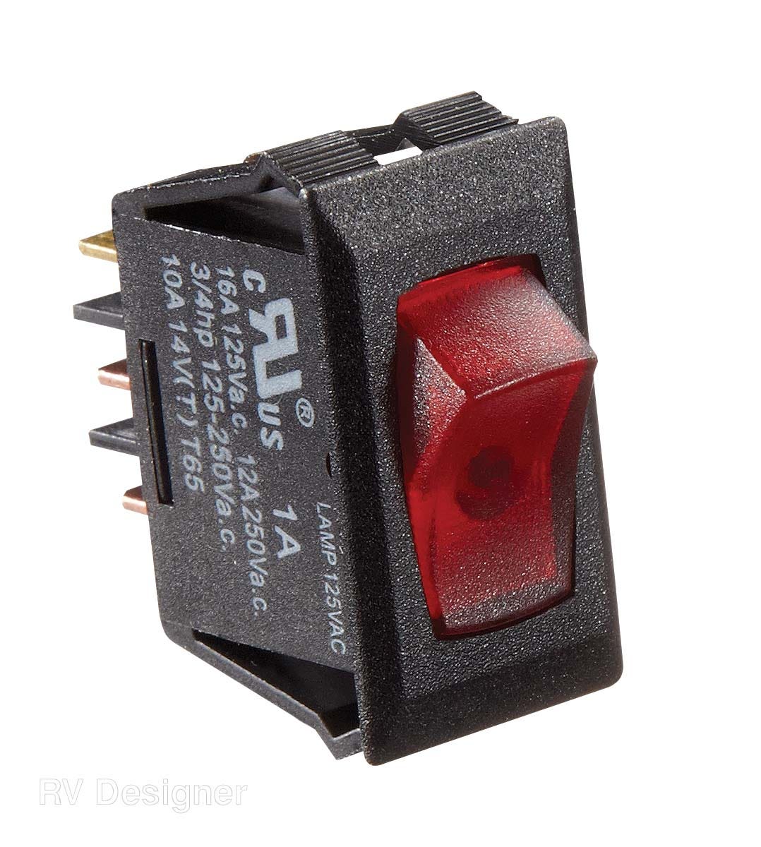 Rv Designer, S245, Black W/Red Rocker Switch, 125 Vac, Illuminated On/Off -