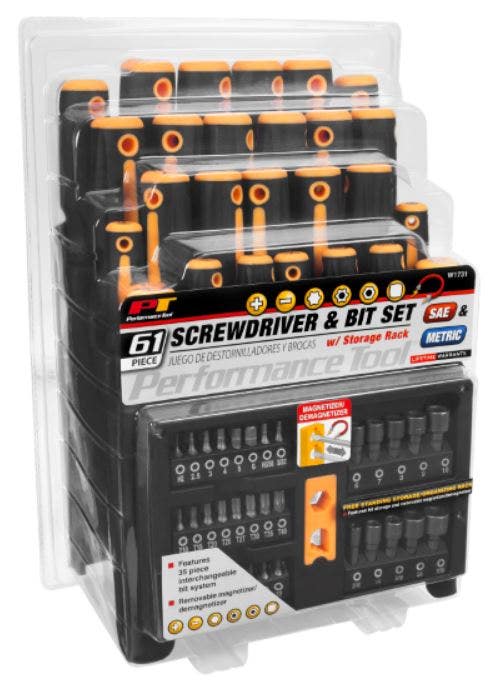Performance Tool W1731 Screwdriver And Bit Set With Rack, Yellow/Black, 61-Piece