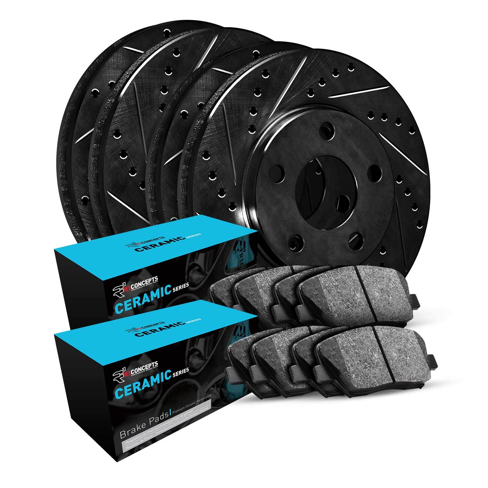 R1 Concepts Front Rear Brake Rotors-Drill Slot-Black Ceramic Pads Whwn2-47037