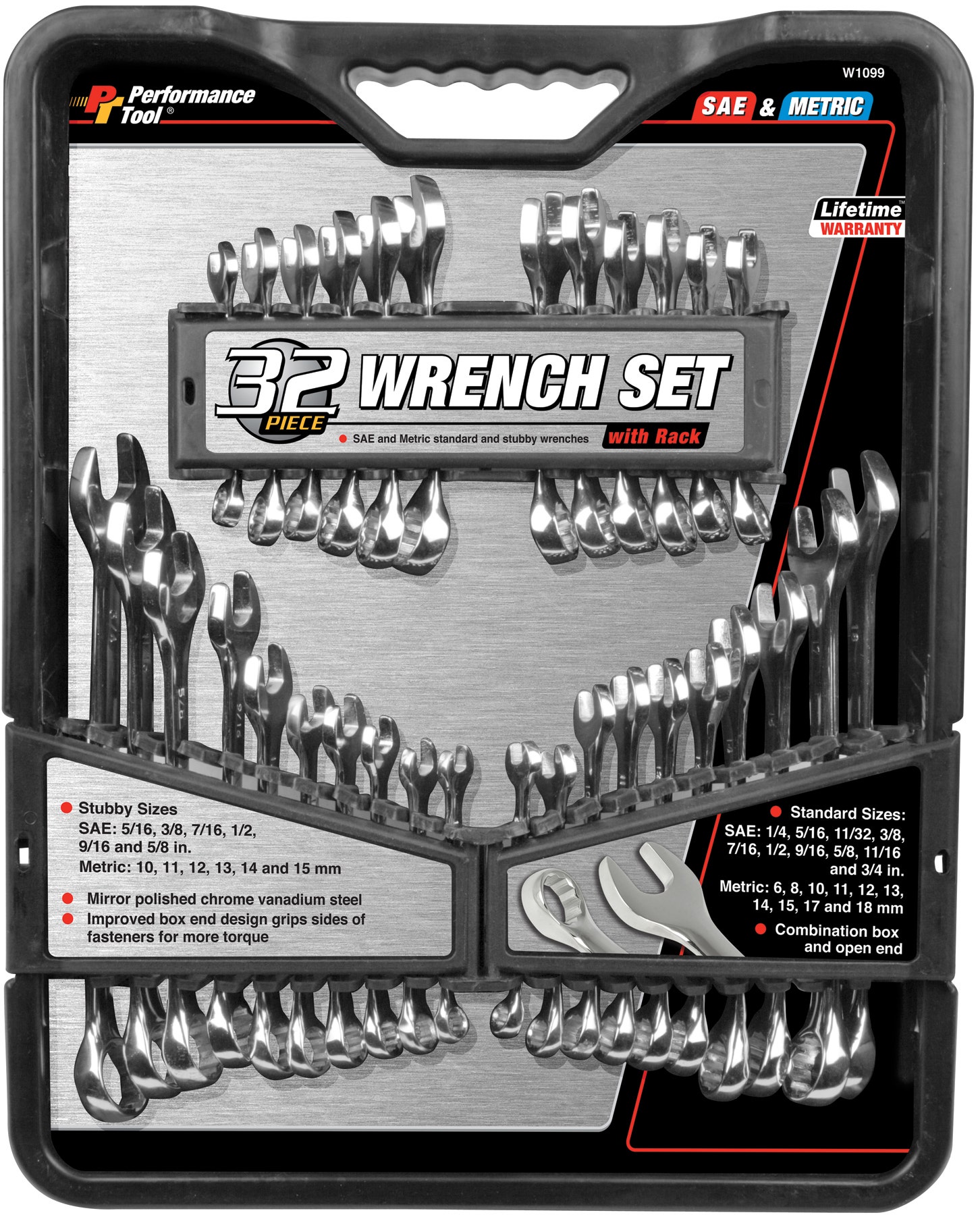 Performance Tool W1099 32-Piece Sae And Metric Wrench Set With Premium Mirror