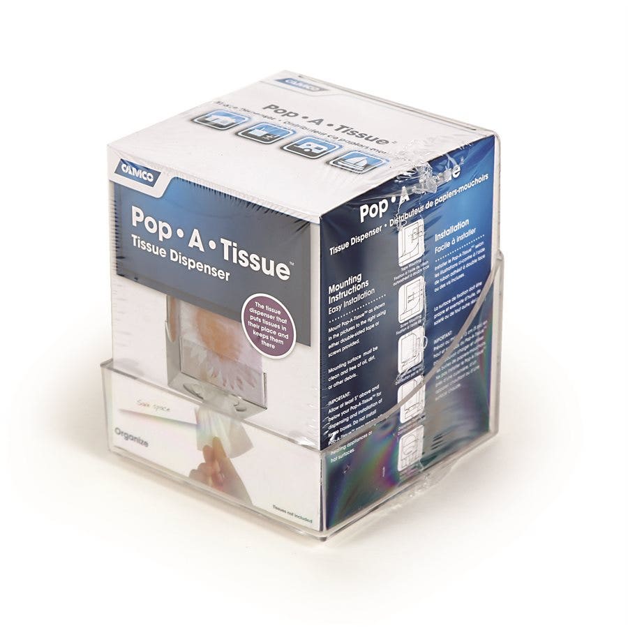 Camco Pop-A-Tissue- Tisssue Box Holder- Mounts To Walls And Cabinets, Dispenses