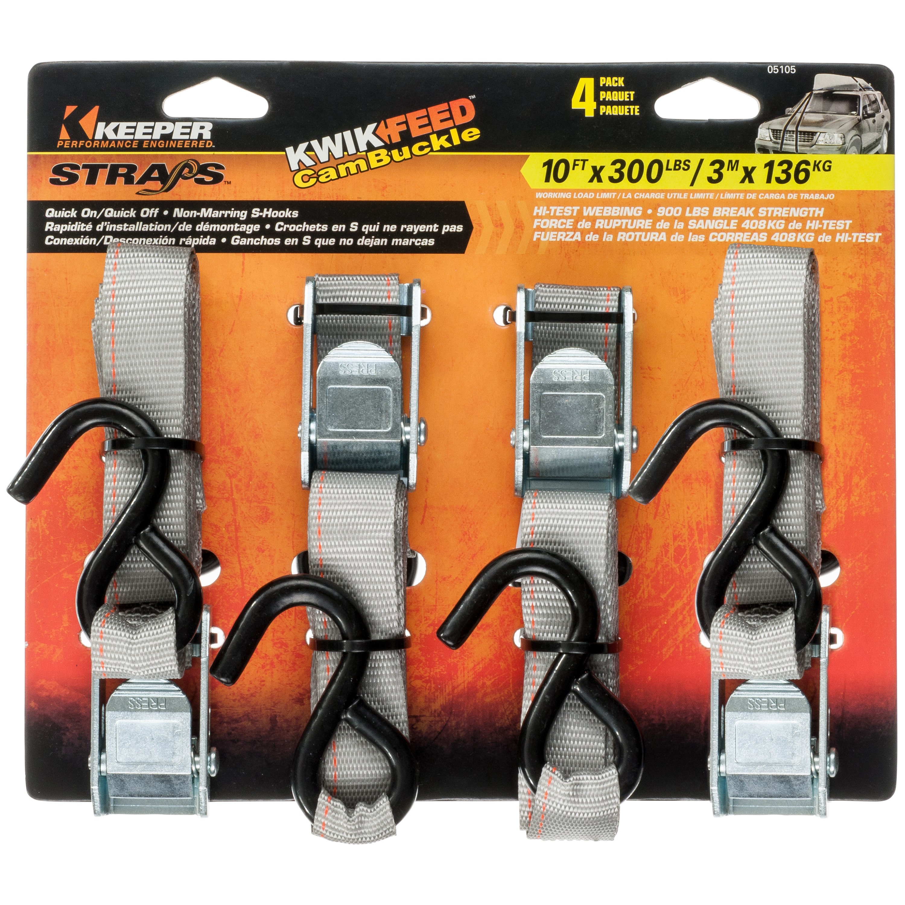 Keeper 5105 10' Cam Buckle Tie-Down, 300 Lbs. Wll (900 Lbs. Break Strength), 4