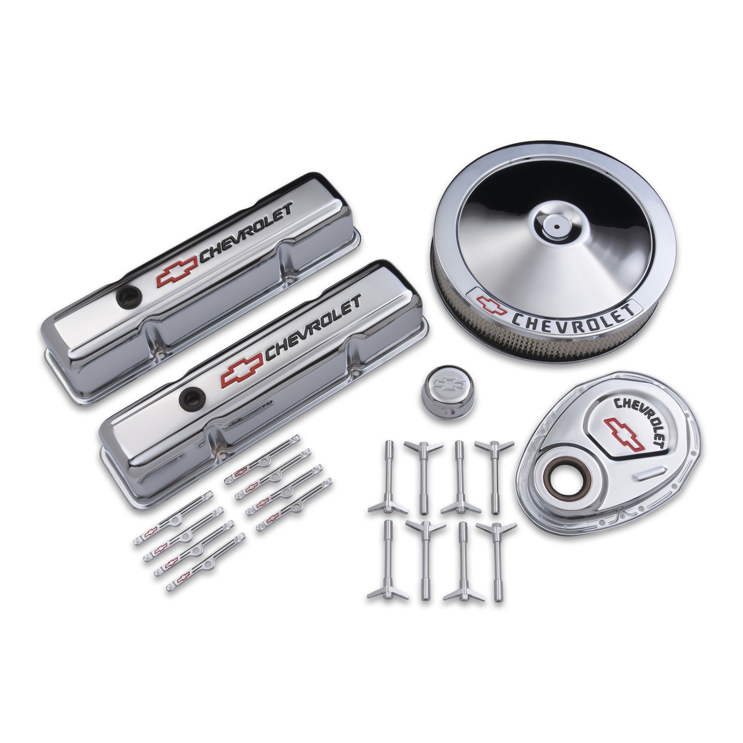Proform 141-900 Chrome Engine Dress-Up Kit With Black Chevrolet/Red Bowtie Logo