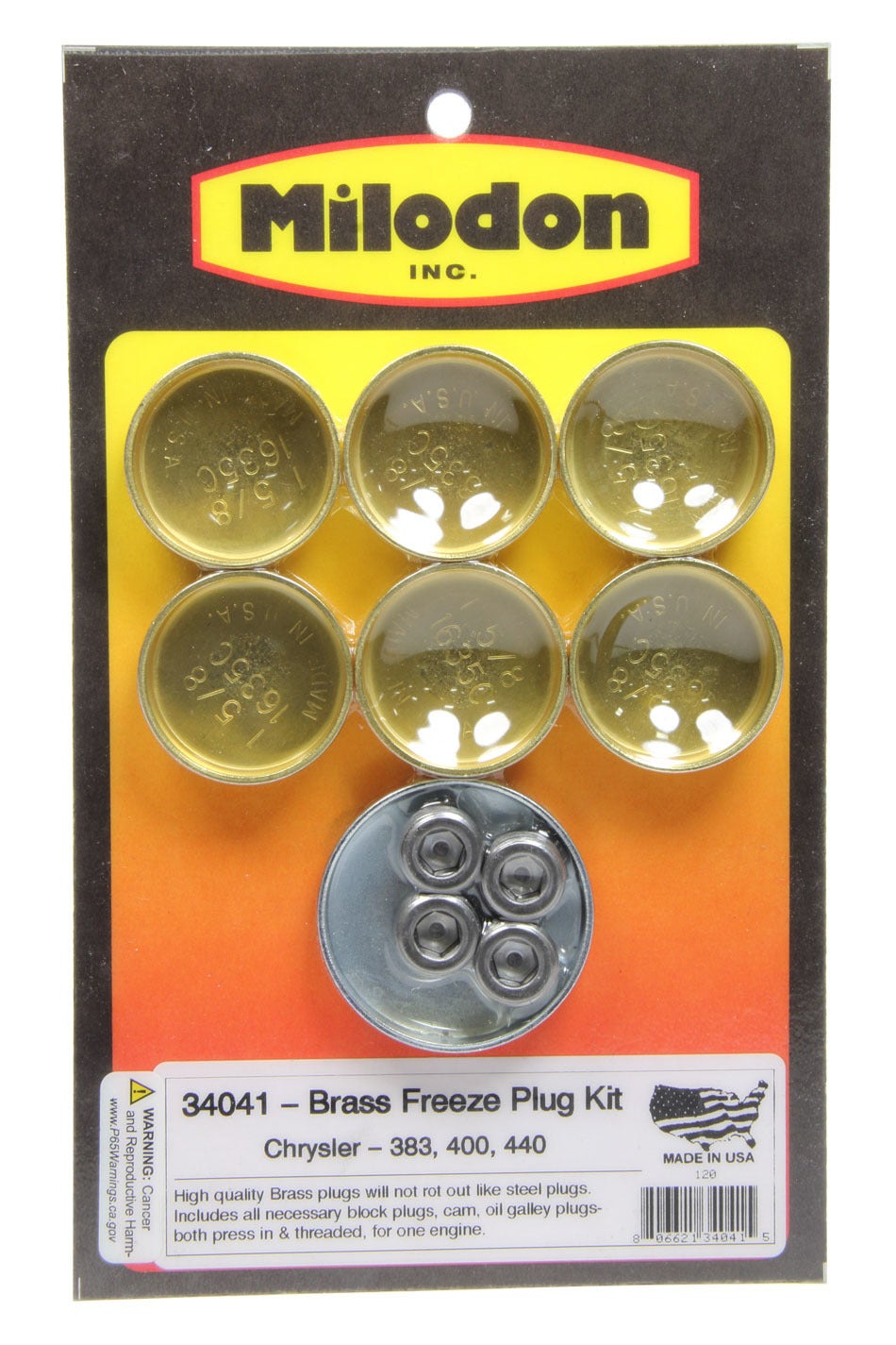 Milodon 34041 Brass Freeze Plug Kit For Big Block Chrysler 383/440   Brass