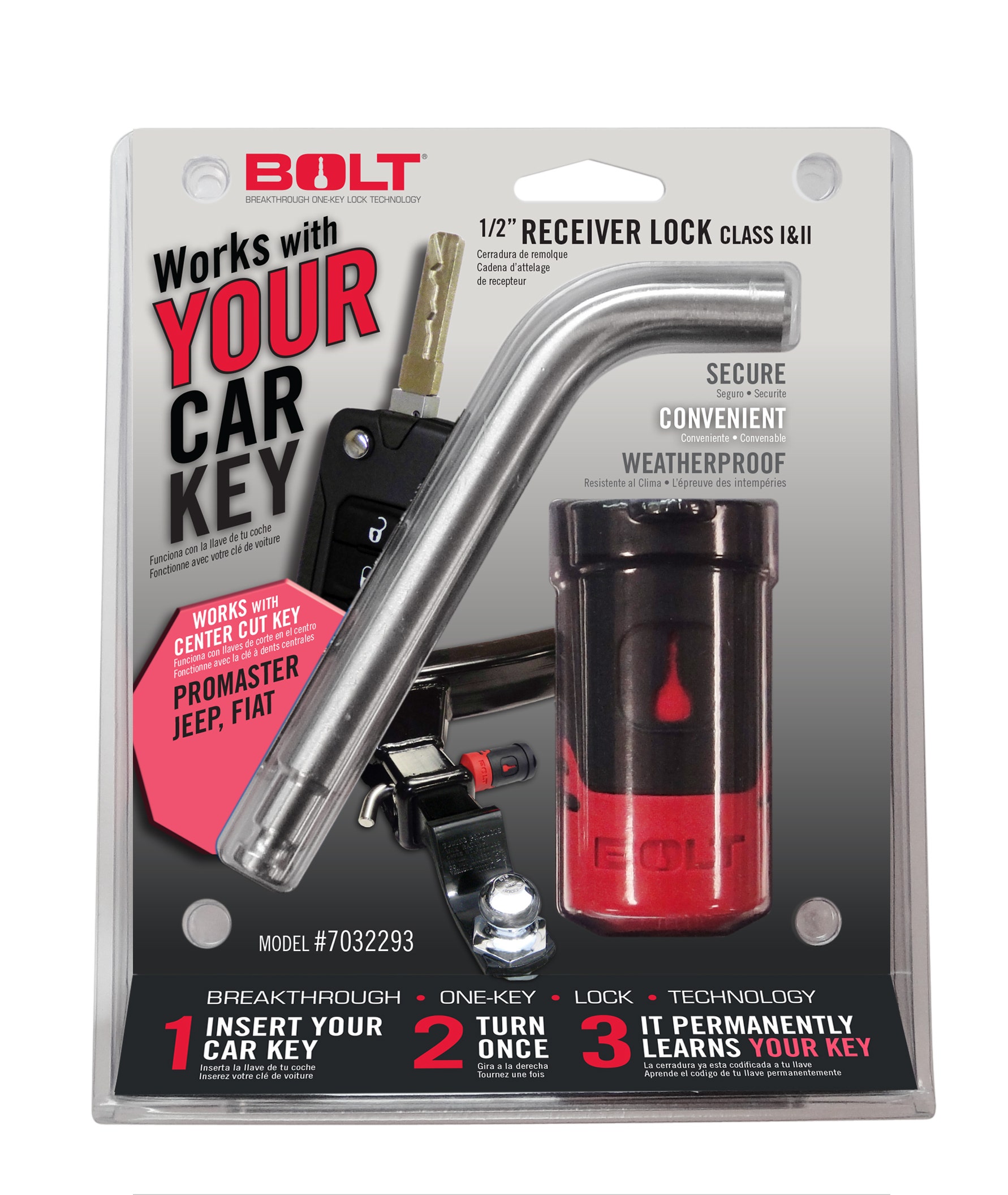 Bolt 1/2 In. Receiver Lock Jeep Center Cut  1/2 In. Receiver Lock Jeep Center