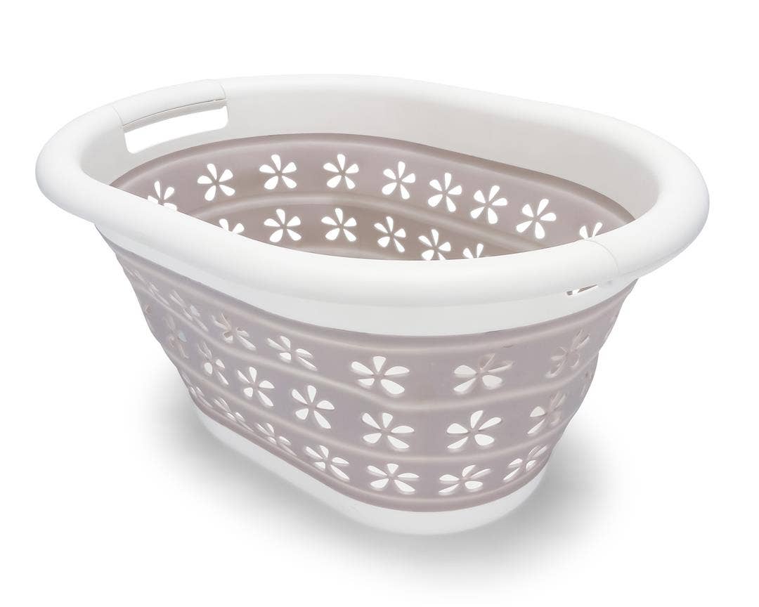 Camco White/Taupe Collapsible Utility/Laundry Basket – Perfect For Homes, Boats,