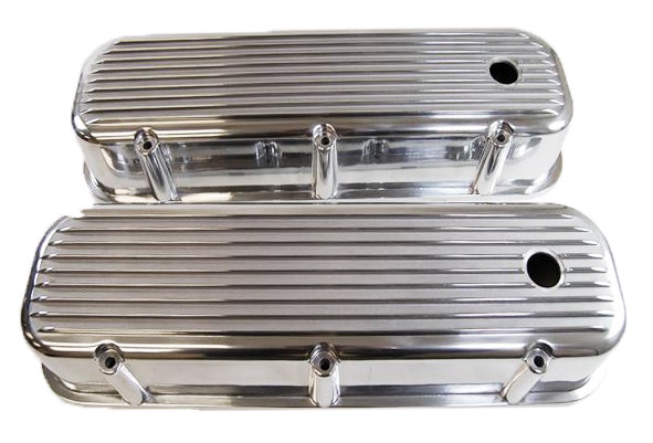Racing Power R6280 Polished Aluminum "Finned" Valve Cover - Tall W/ Hole Racing