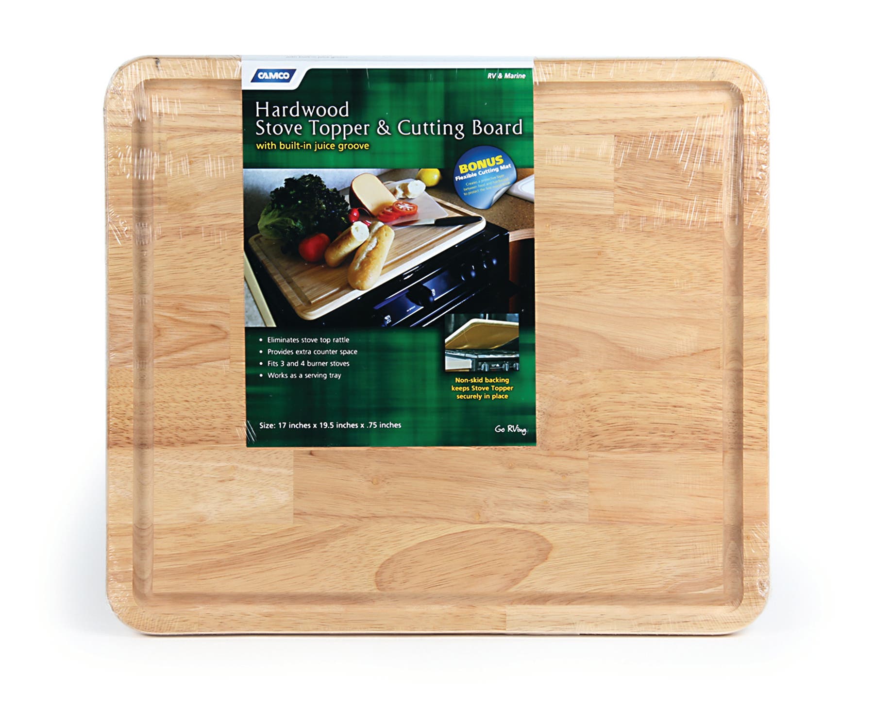 Camco - 43753-A Hardwood Cutting Board And Stove Topper With Non-Skid Backing,