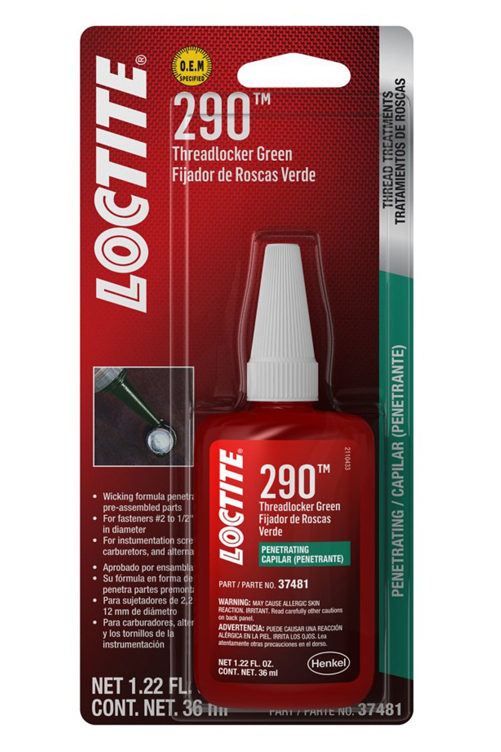 Loctite 492144 Threadlocker 290 Penetrating Liquid Bottle, Green, 36-Ml