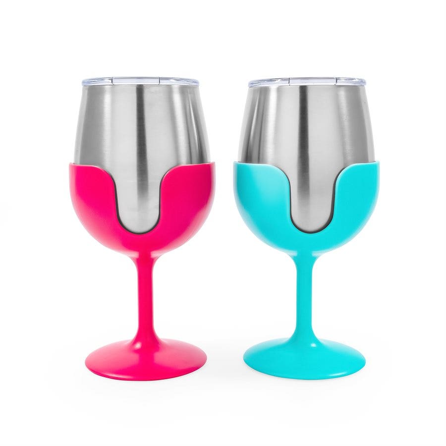 Camco 51915   Stainless Steel Wine Tumbler Set With Removable Fuchsia Pink And