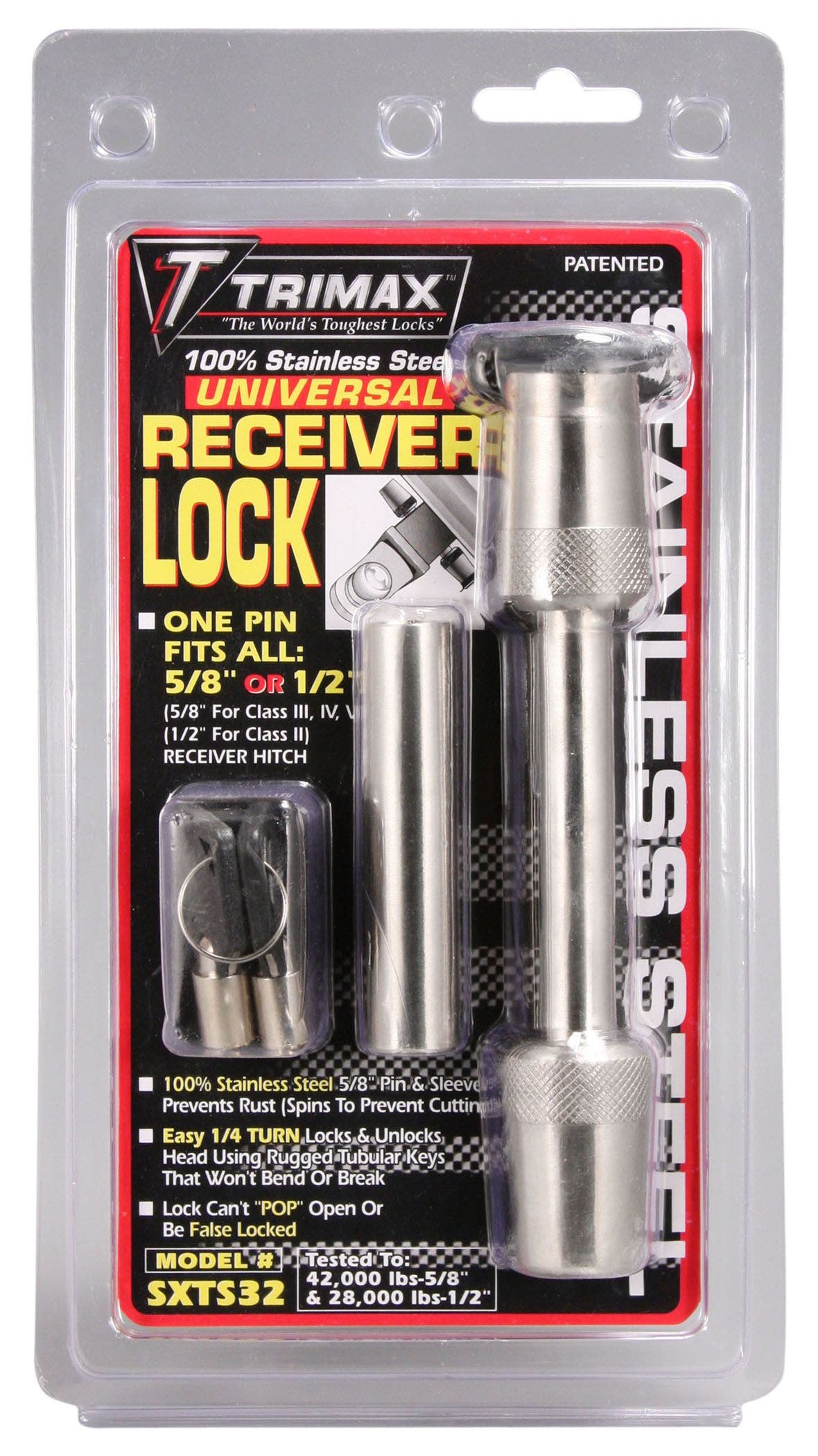 Trimax Universal Stainless Steel Receiver Lock - Fits 1/2" & 5/8" With Sleeve