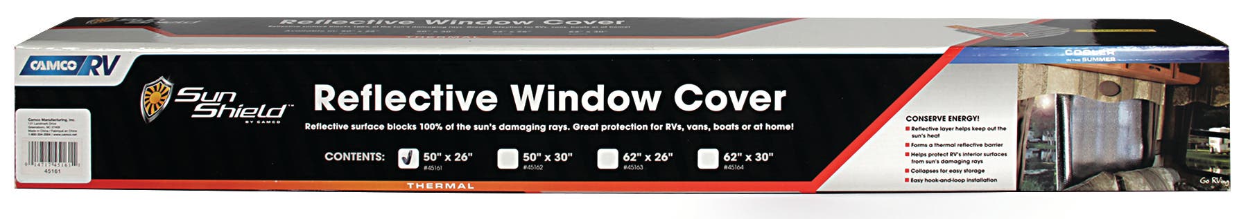 Camco 45161 50" X 26" Sunshield Reflective Window Cover   Window Shade; Type -